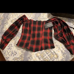 Red check Bardot balloon sleeve corset top